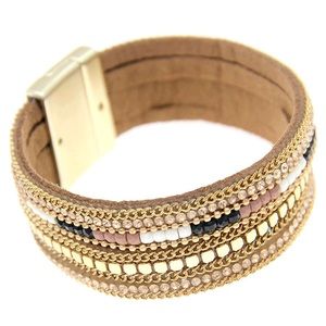 GOLDTONE AND BROWN BEADED CHAIN MAGNETIC BRACELET